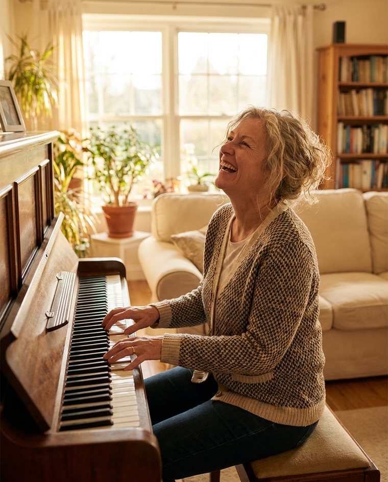 A delighted adult playing her favorite songs at home