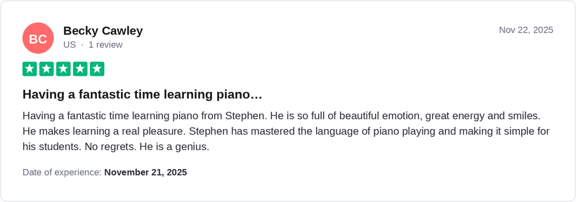 5-star Trustpilot review by Becky Cawley for Ridley Academy