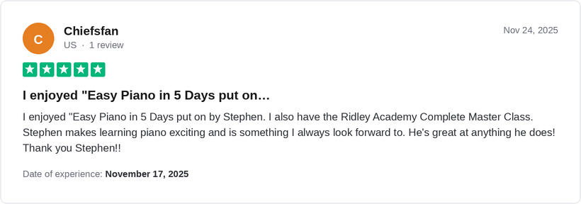 5-star Trustpilot review by Chiefsfan for Ridley Academy