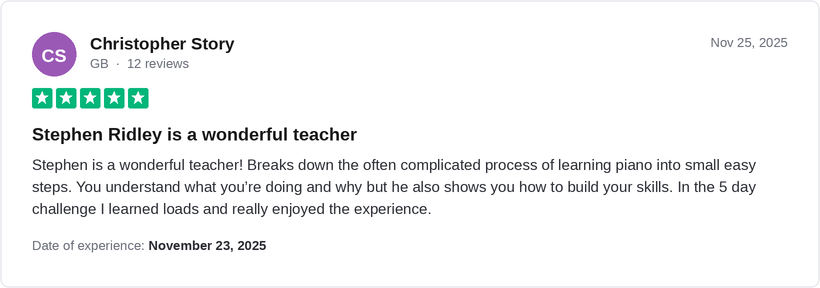 5-star Trustpilot review by Christopher Story for Ridley Academy