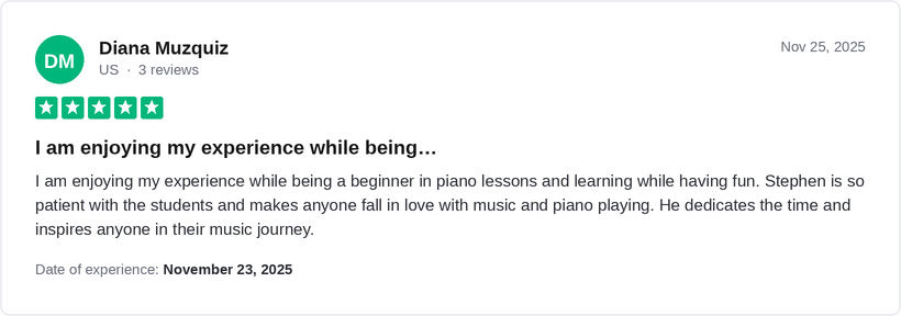 5-star Trustpilot review by Diana Muzquiz for Ridley Academy