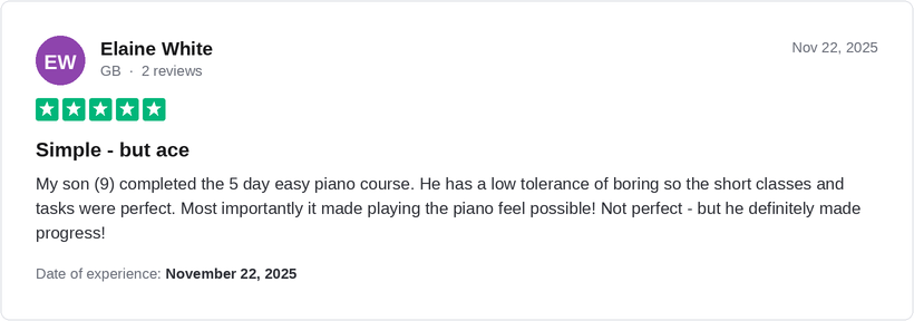 5-star Trustpilot review by Elaine White for Ridley Academy