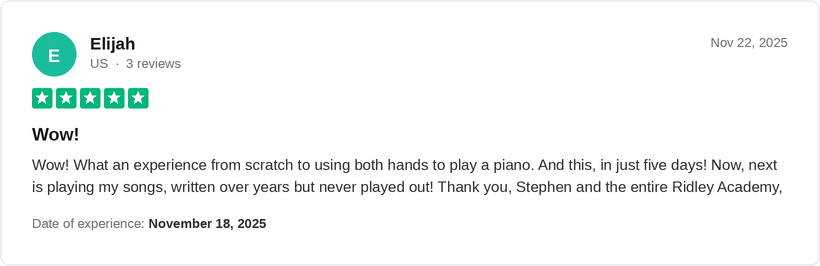 5-star Trustpilot review by Elijah for Ridley Academy