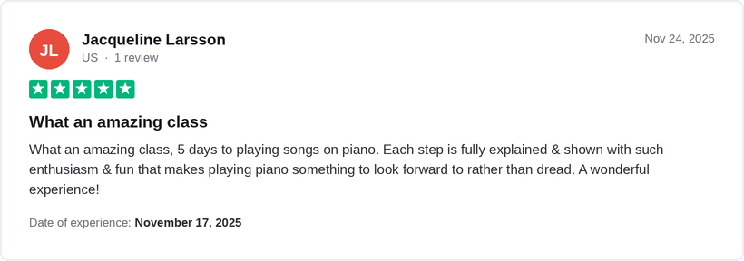 5-star Trustpilot review by Jacqueline Larsson for Ridley Academy