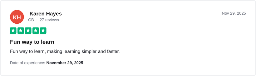 5-star Trustpilot review by Karen Hayes for Ridley Academy