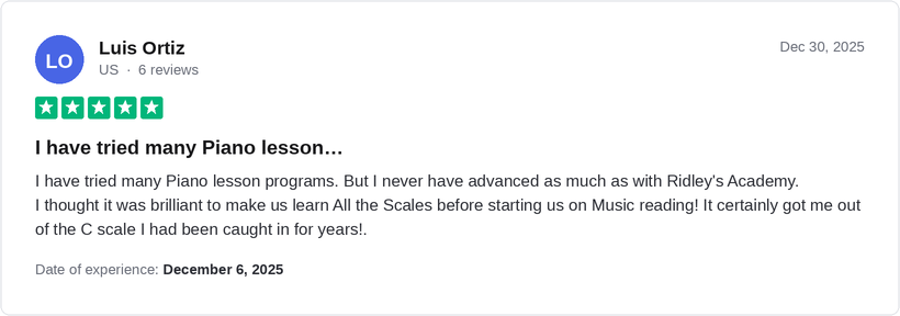 5-star Trustpilot review by Luis Ortiz for Ridley Academy