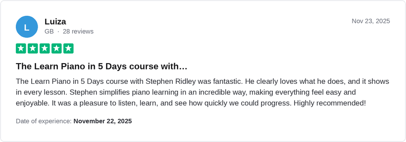 5-star Trustpilot review by Luiza for Ridley Academy