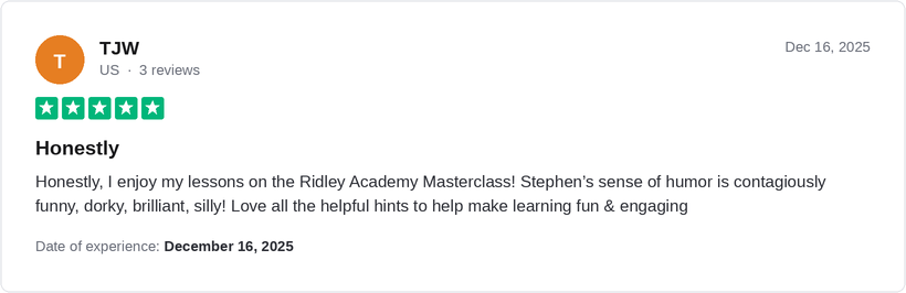 5-star Trustpilot review by TJW for Ridley Academy