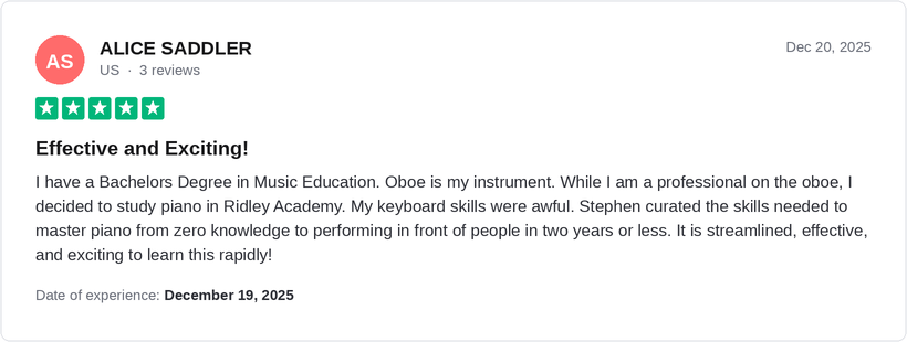 5-star Trustpilot review by Alice Saddler: professional musician with a music education degree, calls the method streamlined, effective and exciting