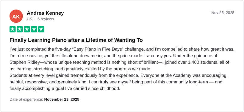 5-star Trustpilot review by Andrea Kenney for Ridley Academy