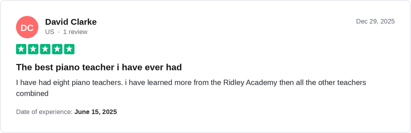 5-star Trustpilot review by David Clarke: has had eight piano teachers and learned more from the Ridley Academy than all the others combined
