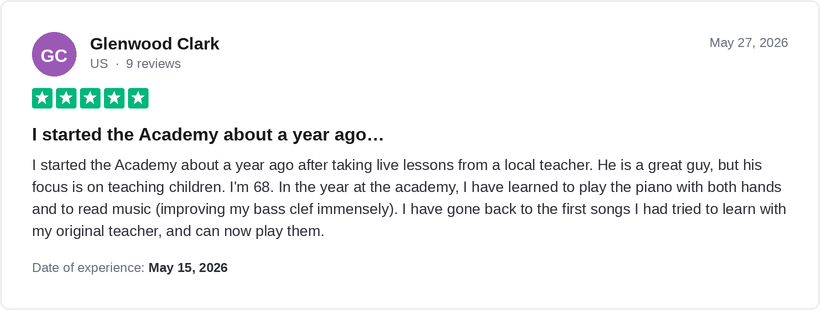 5-star Trustpilot review by Glenwood Clark: 68 years old, in one year learned to play with both hands and read music