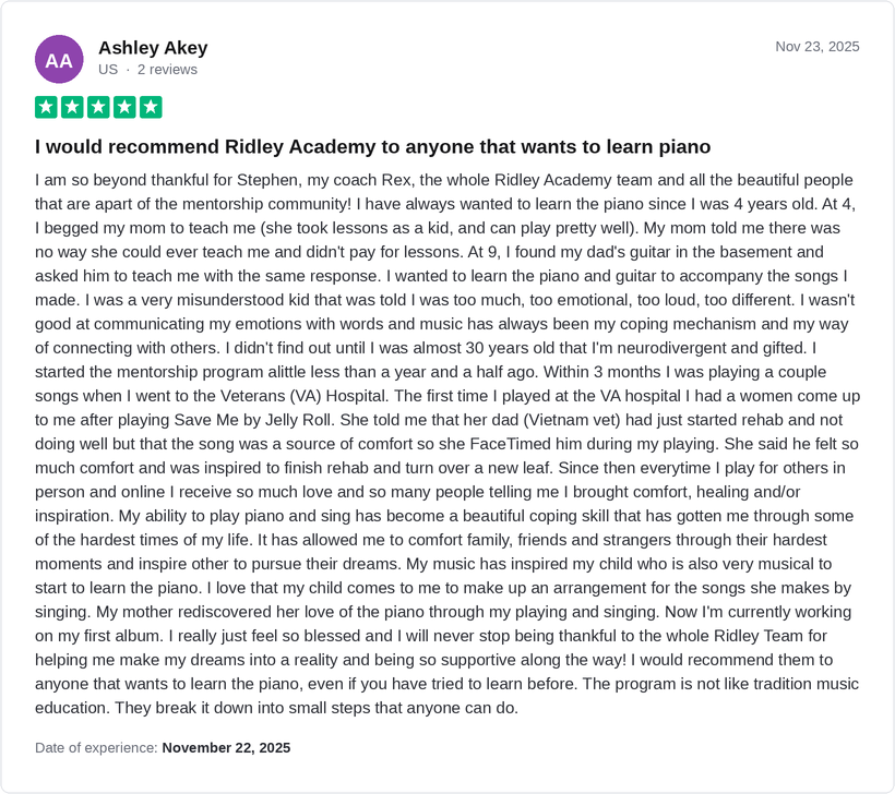 5-star Trustpilot review by Ashley Akey for Ridley Academy