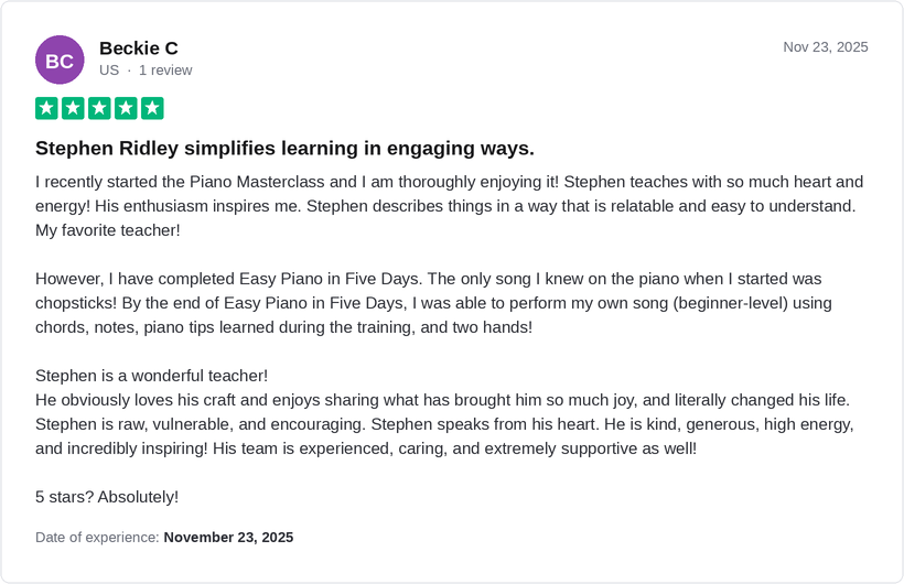 5-star Trustpilot review by Beckie C for Ridley Academy