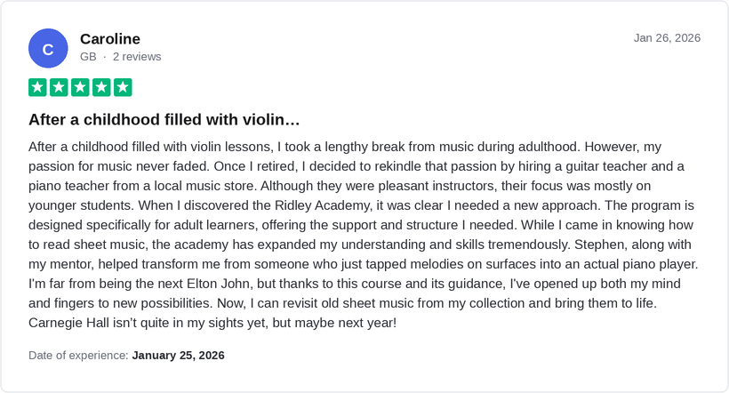5-star Trustpilot review by Caroline for Ridley Academy