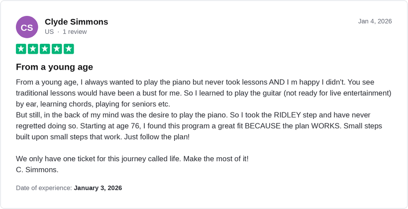 5-star Trustpilot review by Clyde Simmons for Ridley Academy