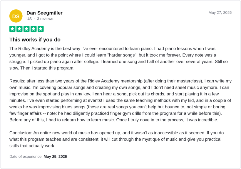 5-star Trustpilot review by Dan Seegmiller for Ridley Academy