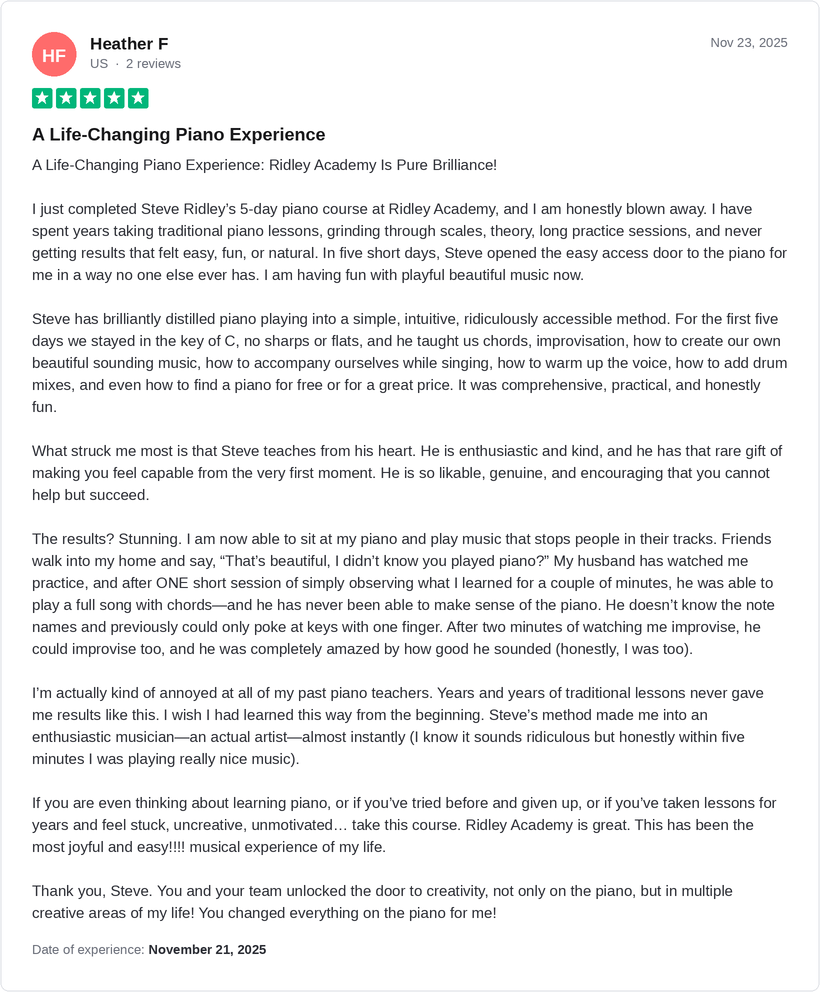 5-star Trustpilot review by Heather F for Ridley Academy