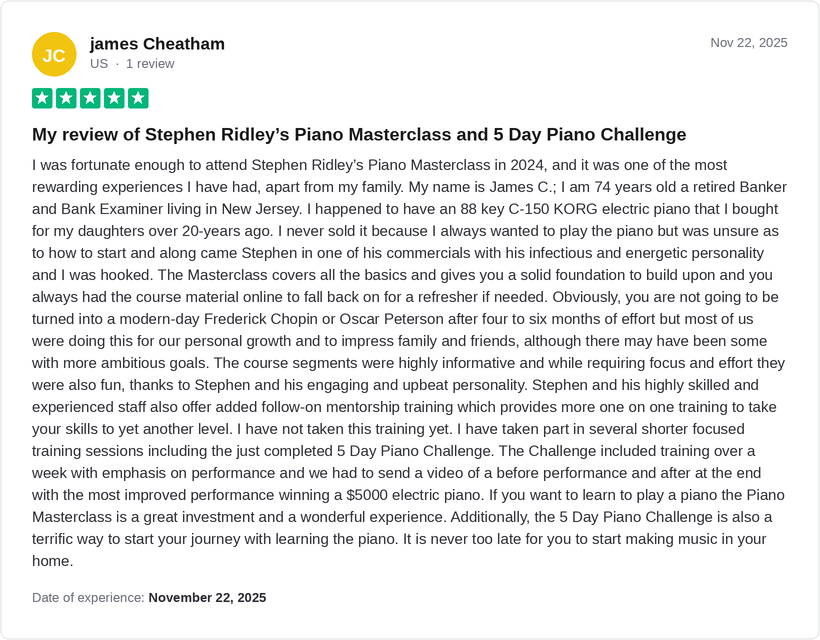 5-star Trustpilot review by James Cheatham for Ridley Academy
