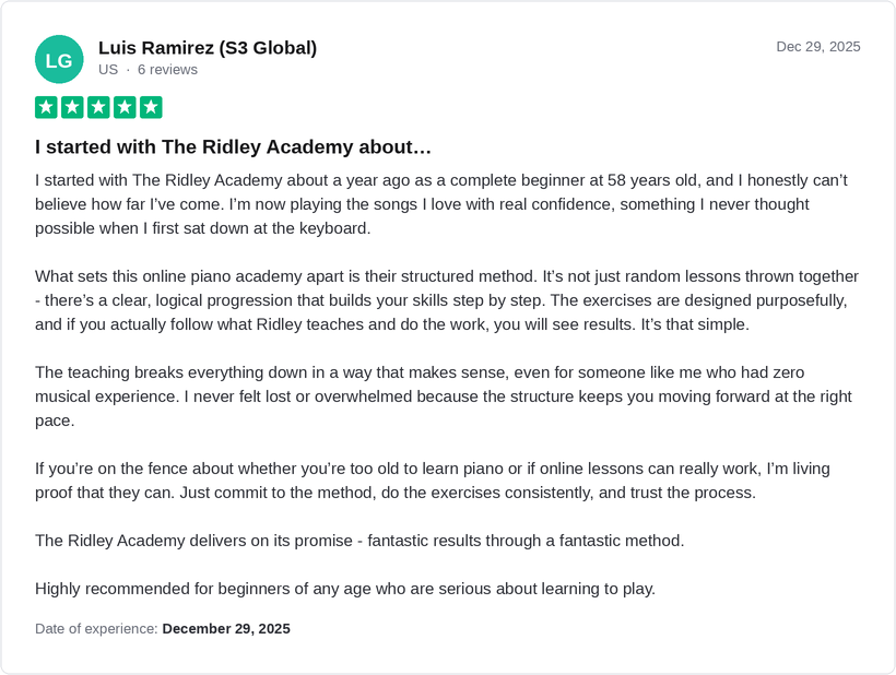 5-star Trustpilot review by Luis Ramirez for Ridley Academy