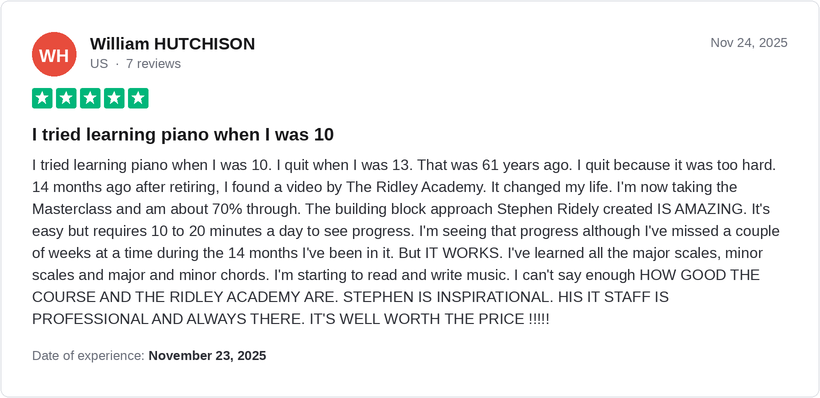 5-star Trustpilot review by William Hutchison for Ridley Academy